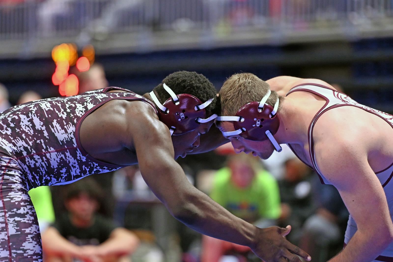 Cy-Fair senior Ethan Anderson, left, wrestles Dripping Springs’ Alec Rill at the UIL State Wrestling Championships.